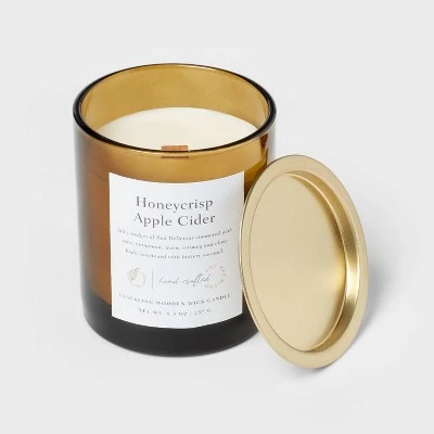 Clear Colored Glass With Woodwick And Brass Metal Inset Lid Honeycrisp Apple Cider Candle Yellow - Threshold™ 5 Clear Colored Glass With Woodwick And Brass Metal Inset Lid Honeycrisp Apple Cider Candle Yellow - Threshold™ - Image 3