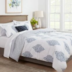 Reversible Medallion Family-Friendly Comforter & Sham Set White/Blue - Threshold™