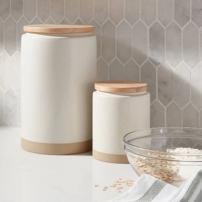 Small Camwood Collection Stoneware Canister With Wood Lid Cream - Threshold™ 3 Small Camwood Collection Stoneware Canister With Wood Lid Cream - Threshold™