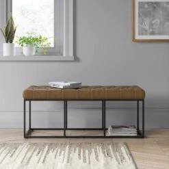 Trubeck Tufted Metal Base Bench Faux Leather Brown - Threshold™